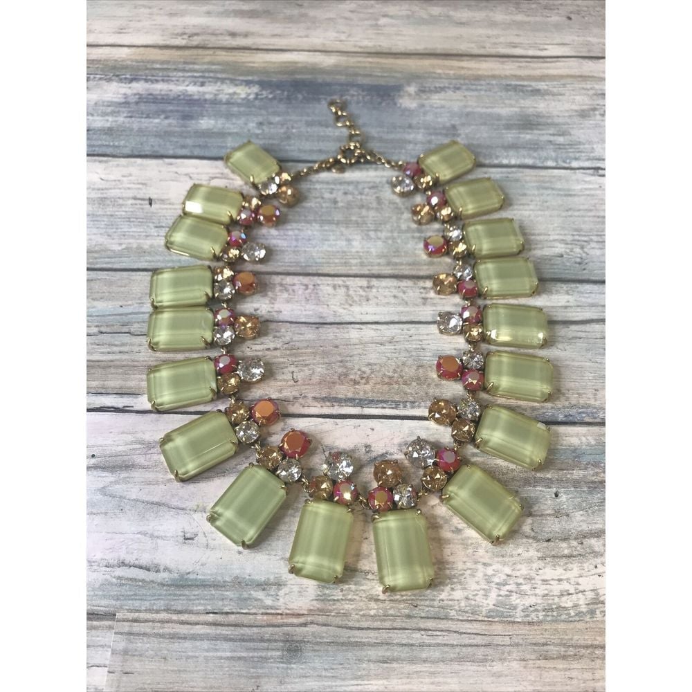 J Crew Green Lucite Rhinestone Bib Statement Necklace Brass