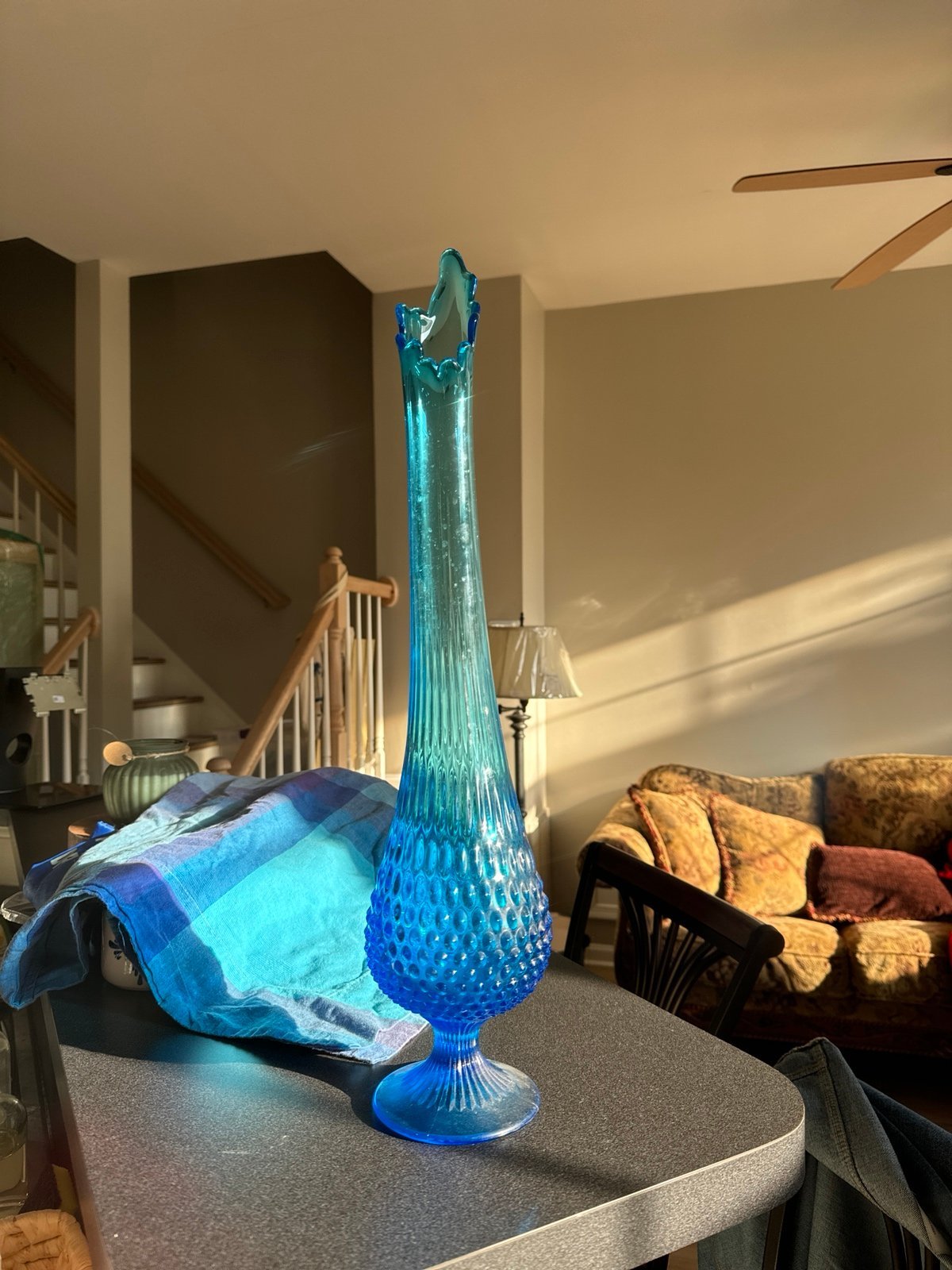 Mid-Century Tall Pedestal Fenton Colonial Blue Hobnail Swung Glass Vase