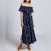 Current Elliott Floral Off the Shoulder Midi Dress Navy Blue Size 3 Large L NWT
