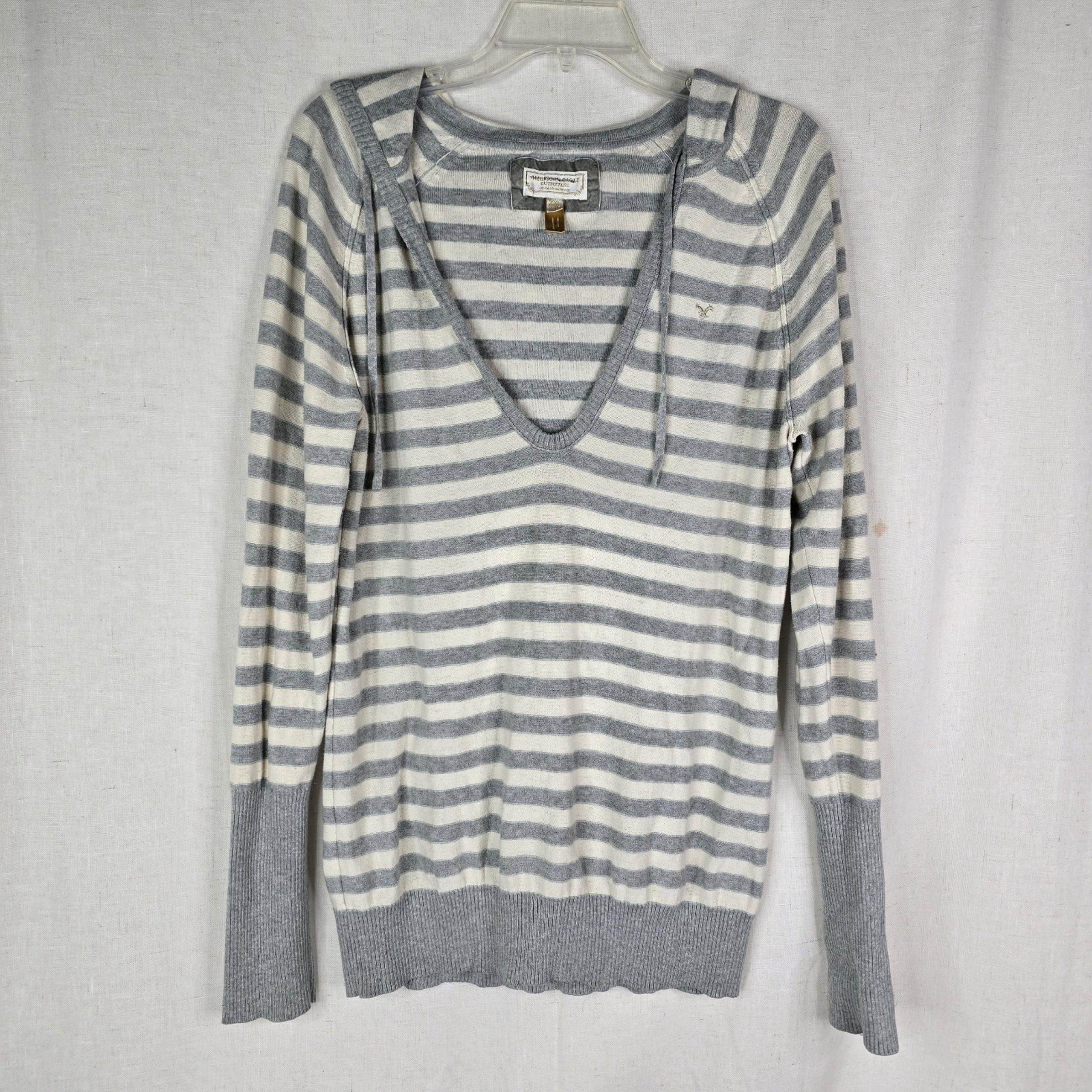 American Eagle Womens 2XL XXL Gray White Striped Hooded Vneck Sweater