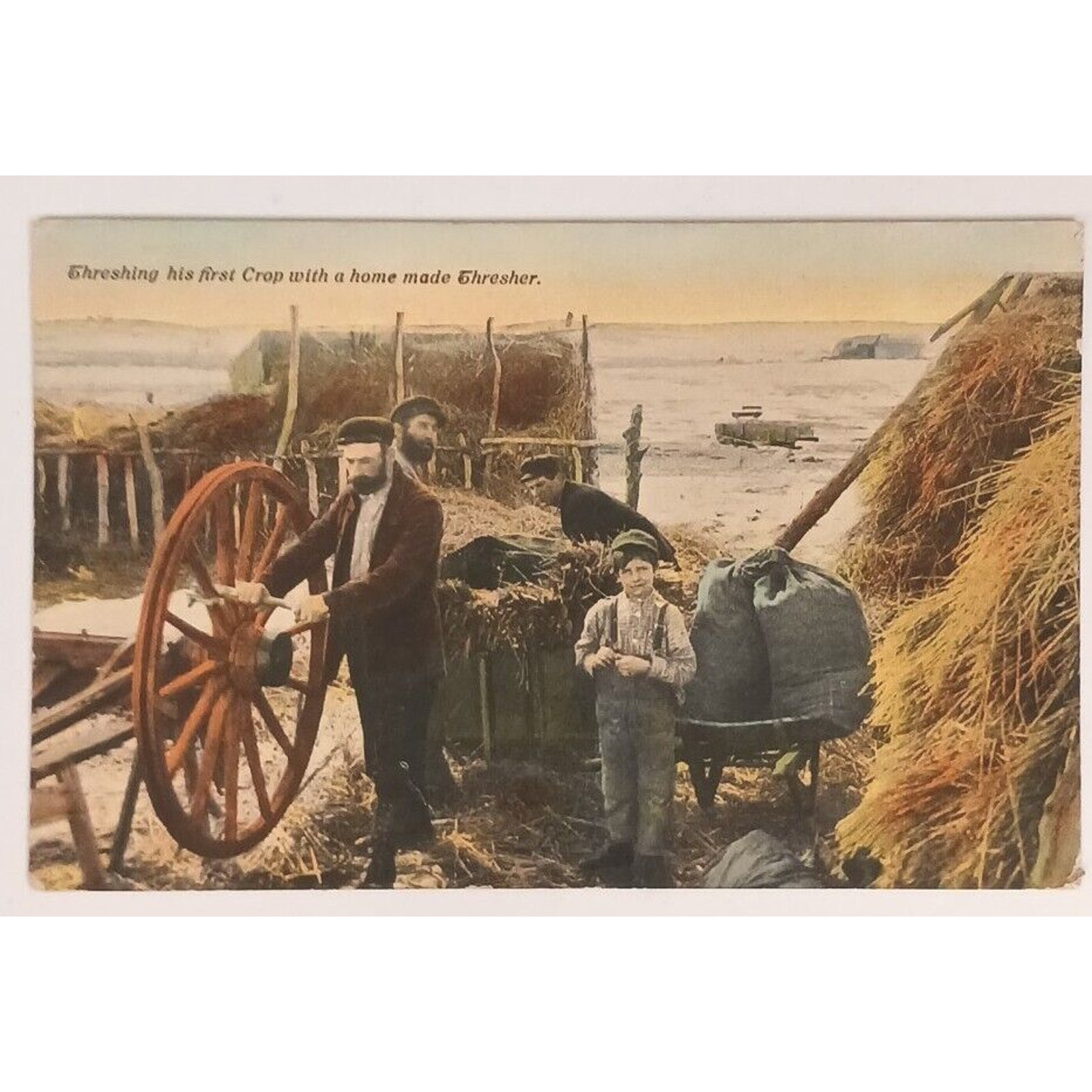 Family Farmers Working Field Crops Threshing With Home Made Thresher Post Card