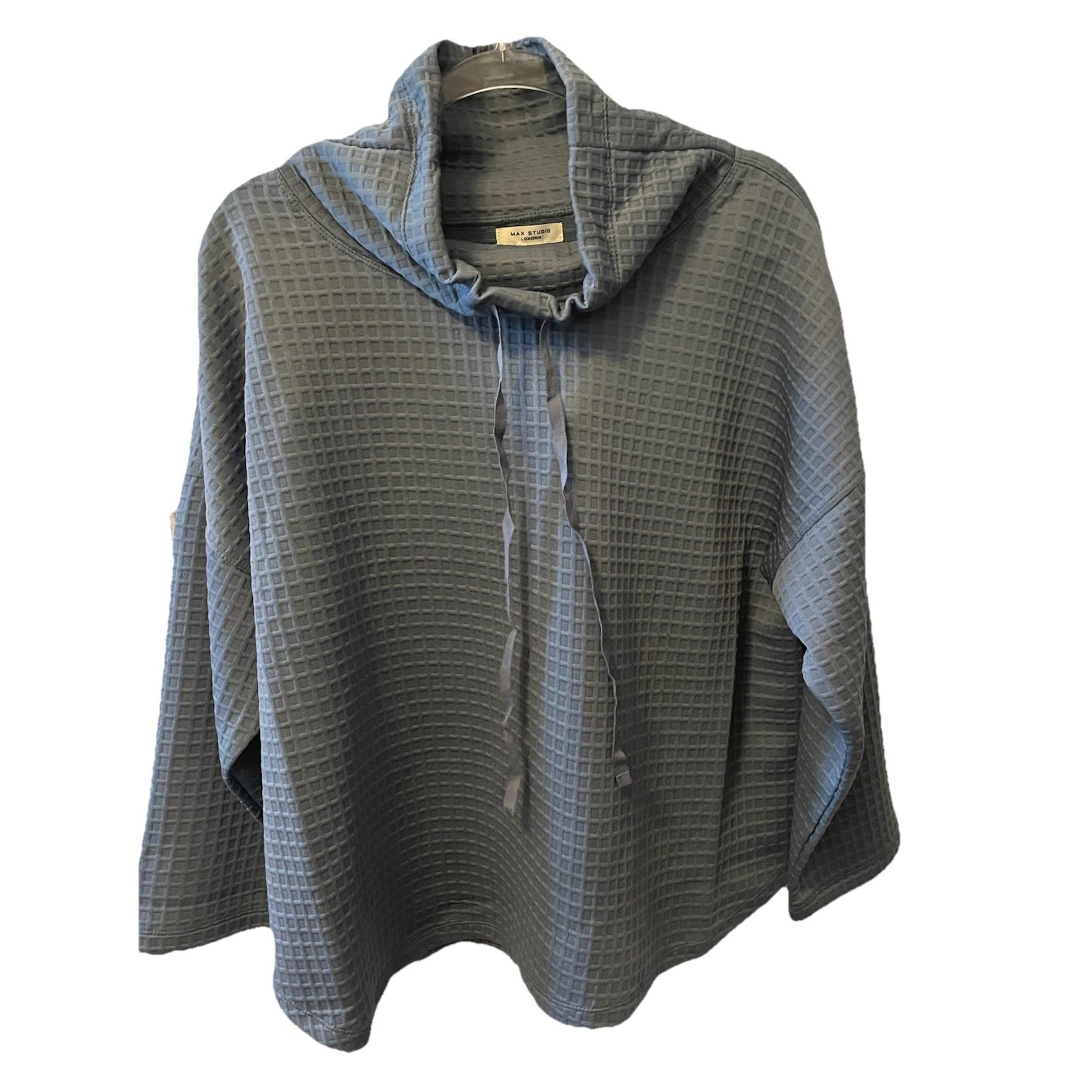 Sweater Textured Grid Knit Blue Gray Relaxed Cowl Neck XL New - Max Studio