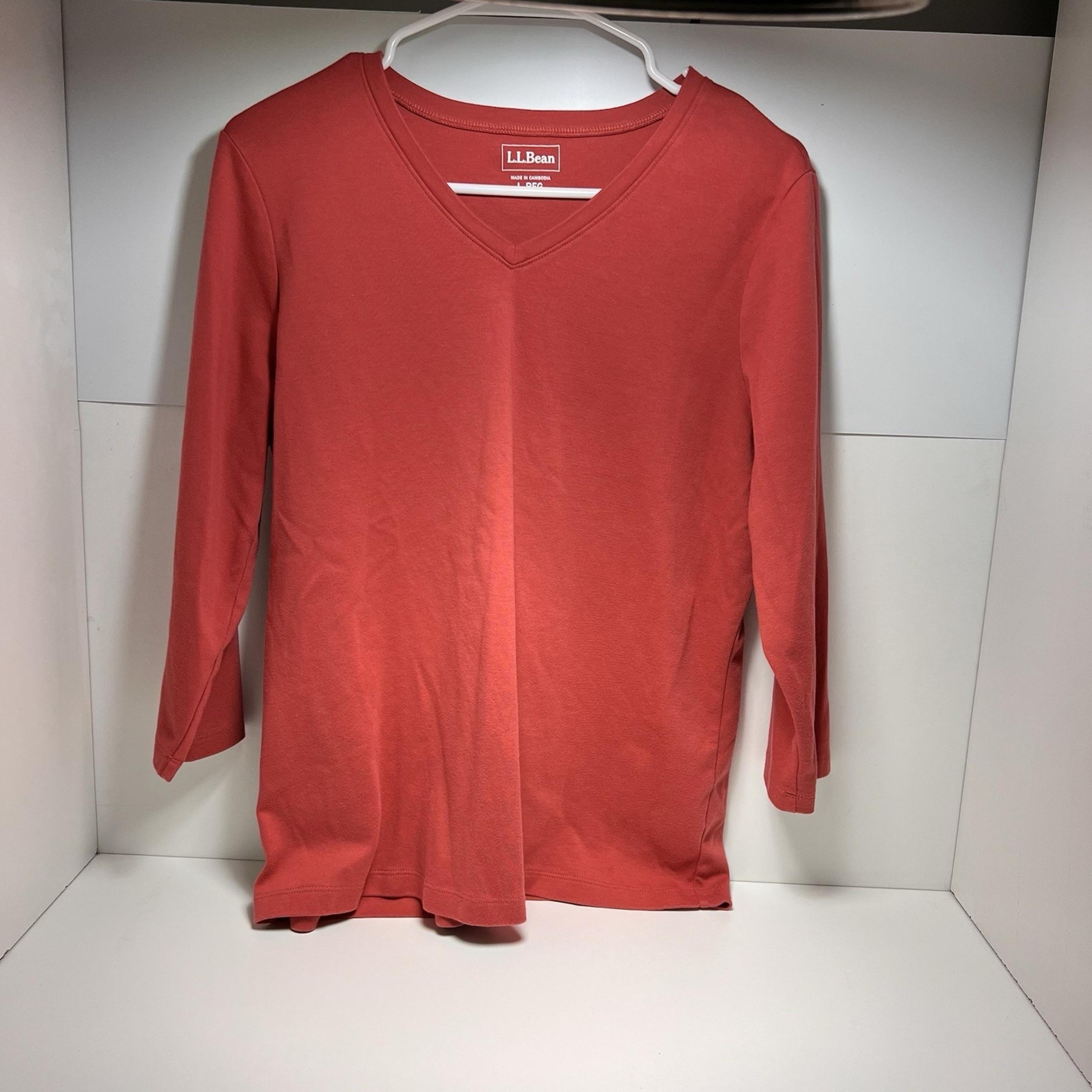 LL Bean V-neck 3/4 Sleeve Women's Large 100% Cotton Dark Salmon