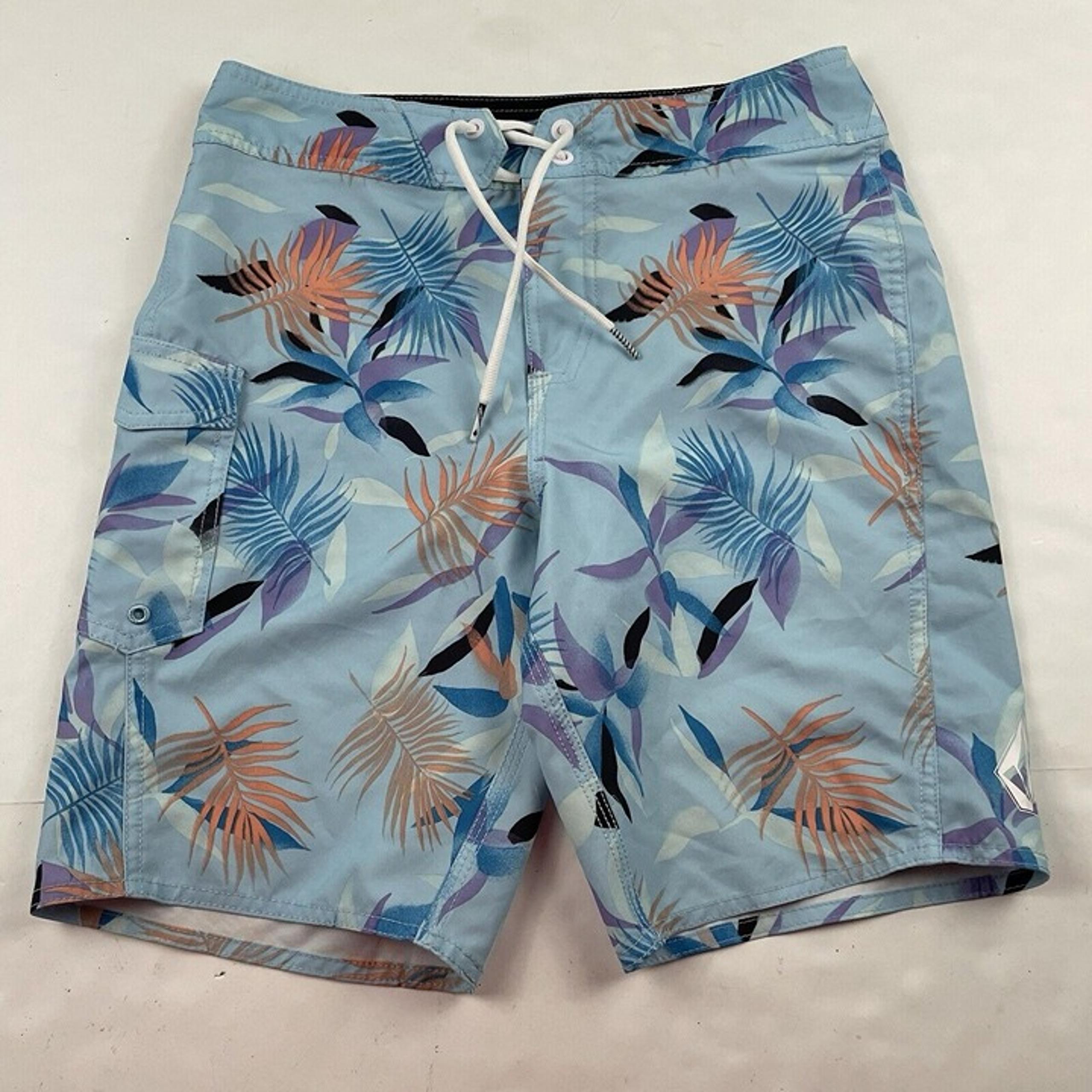 Volcom Boardshorts Men’s 27 Swim Trunks Swimwear Poly Stretch Blue Leaves Pocket