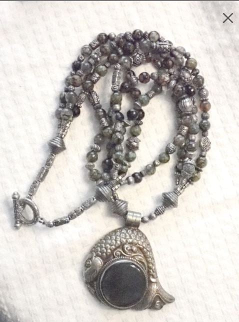 24 inch Fish Gold stone and jasper 3 strand Necklace