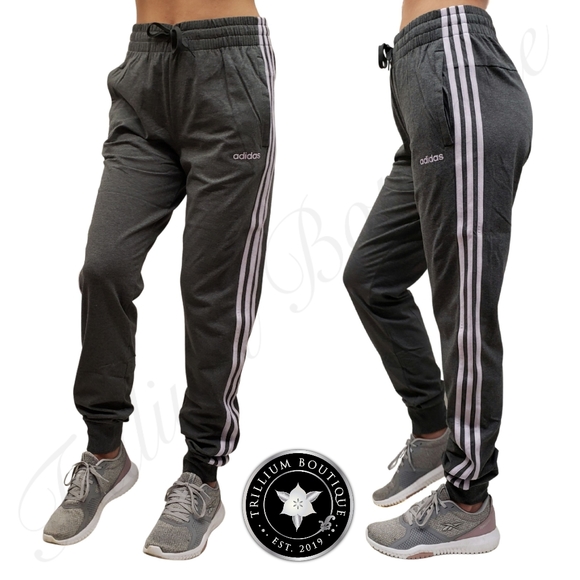 Adidas 3 Striped French Terry Joggers Women Medium Gray w/ Purple Stripes NWT