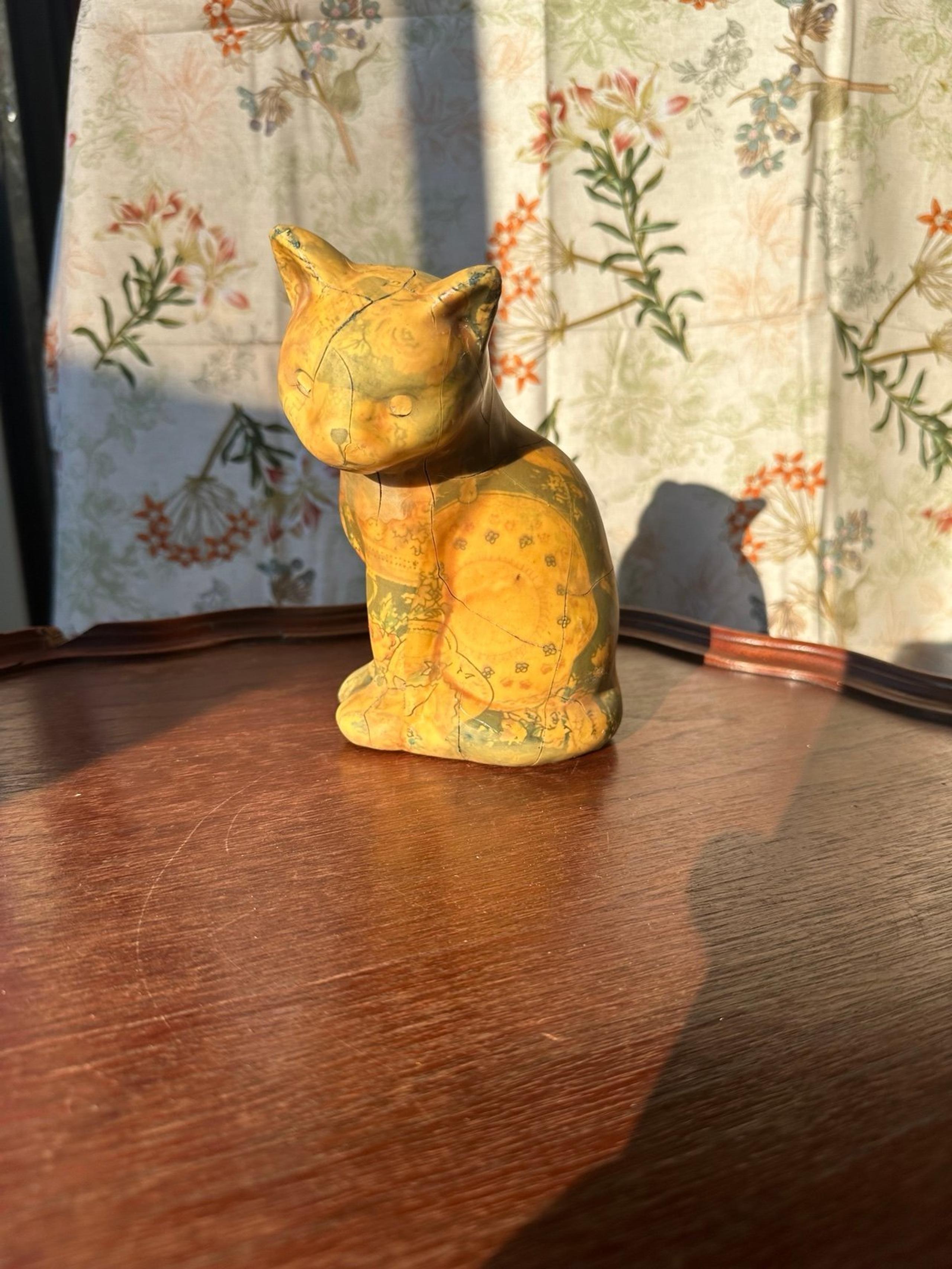 Vintage Ceramic Glazed Cat Figurine Still Life with Floral Pattern