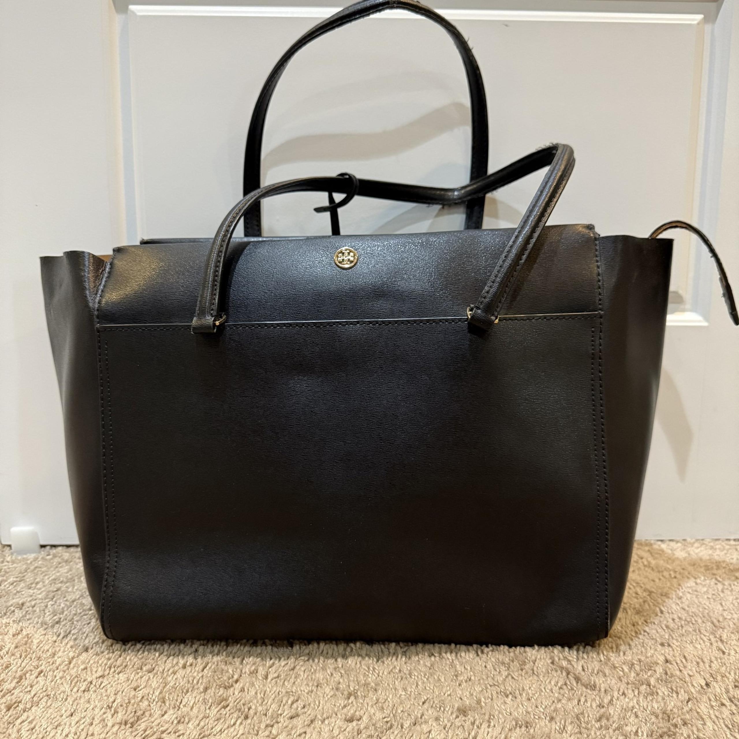 Tory Burch Tote Bag Womens Black Leather Gold Logo Work Purse Shoulder Handbag