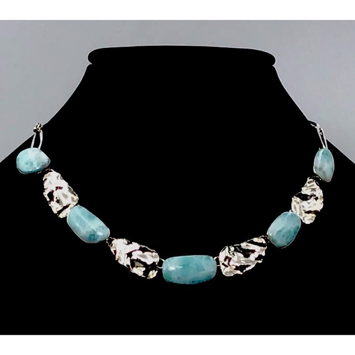 Sterling Silver Larimar Necklace 5 Stones 36.3 Gms 17-18” New