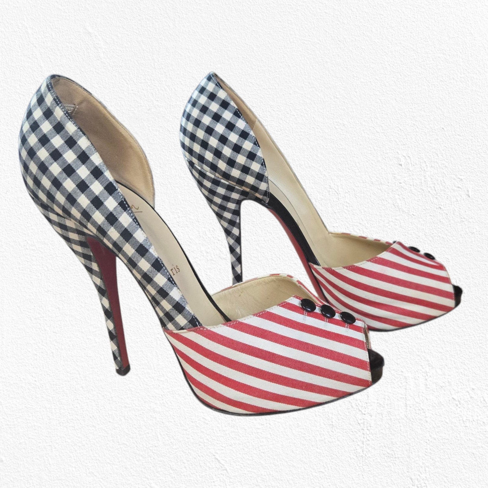 Christian Louboutin Red Striped Gingham Peep Toe Heels Size 39.5 Designer Pumps