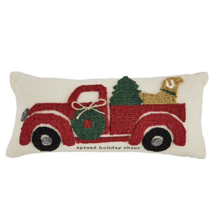 Mud Pie Farmhouse Christmas Canvas Hooked Wool Truck Tree Dog Pillow Holiday Lab