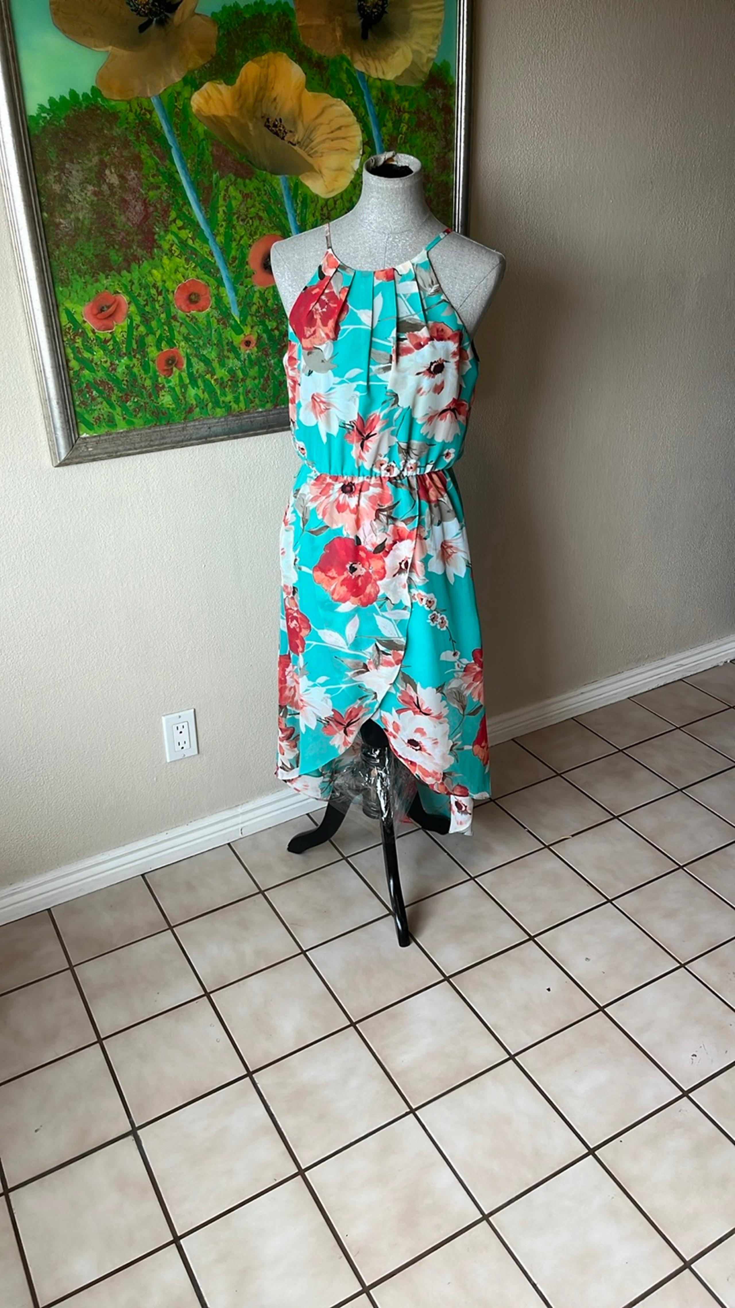 Floral Halter Dress in Teal and Red Size Medium