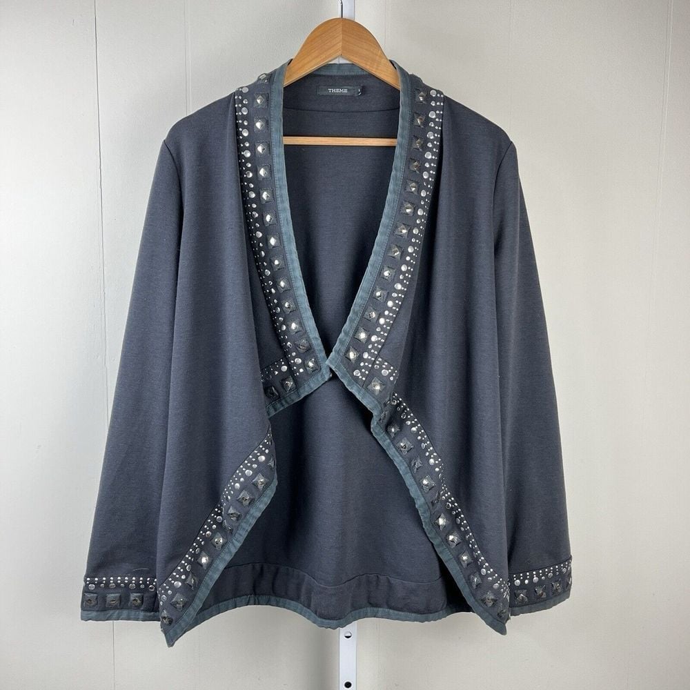 Theme Cardigan Jacket Charcoal Gray Ponte Knit Studded Long Sleeve Womens Large