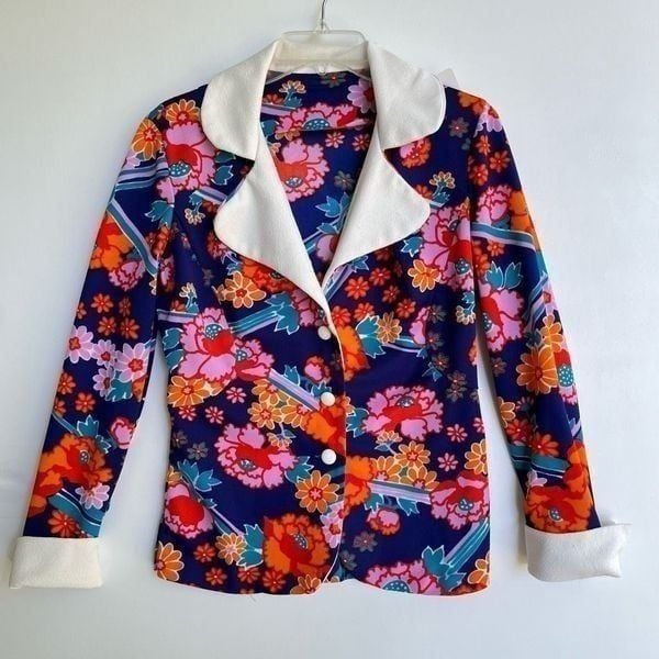 1960s Print True Vintage Poly Psychedelic Floral Disco Women Blazer Top - S/M