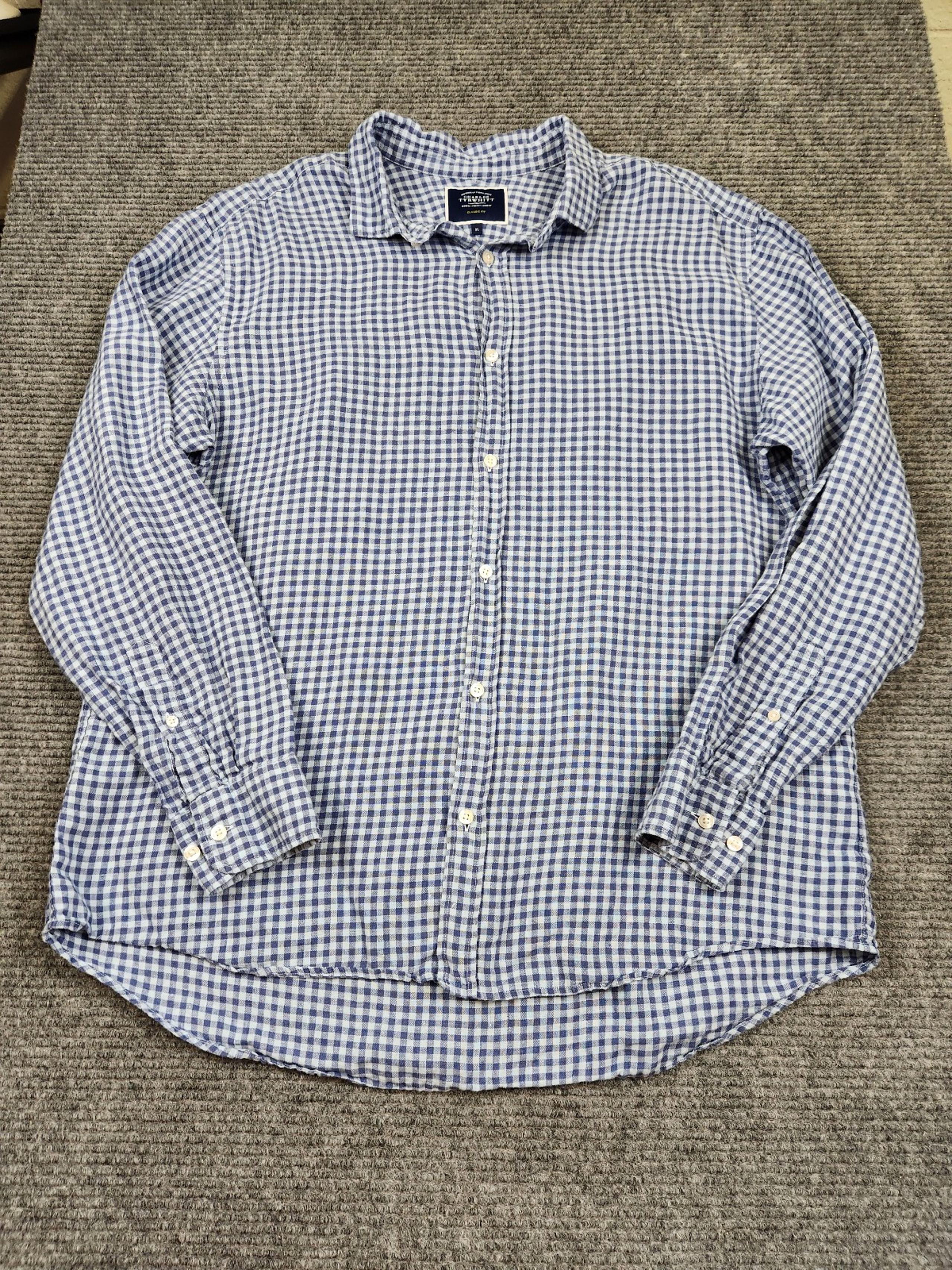 Charles Tyrwhitt Linen Shirt Mens XL Blue Gingham Classic Fit Button Up L/S
