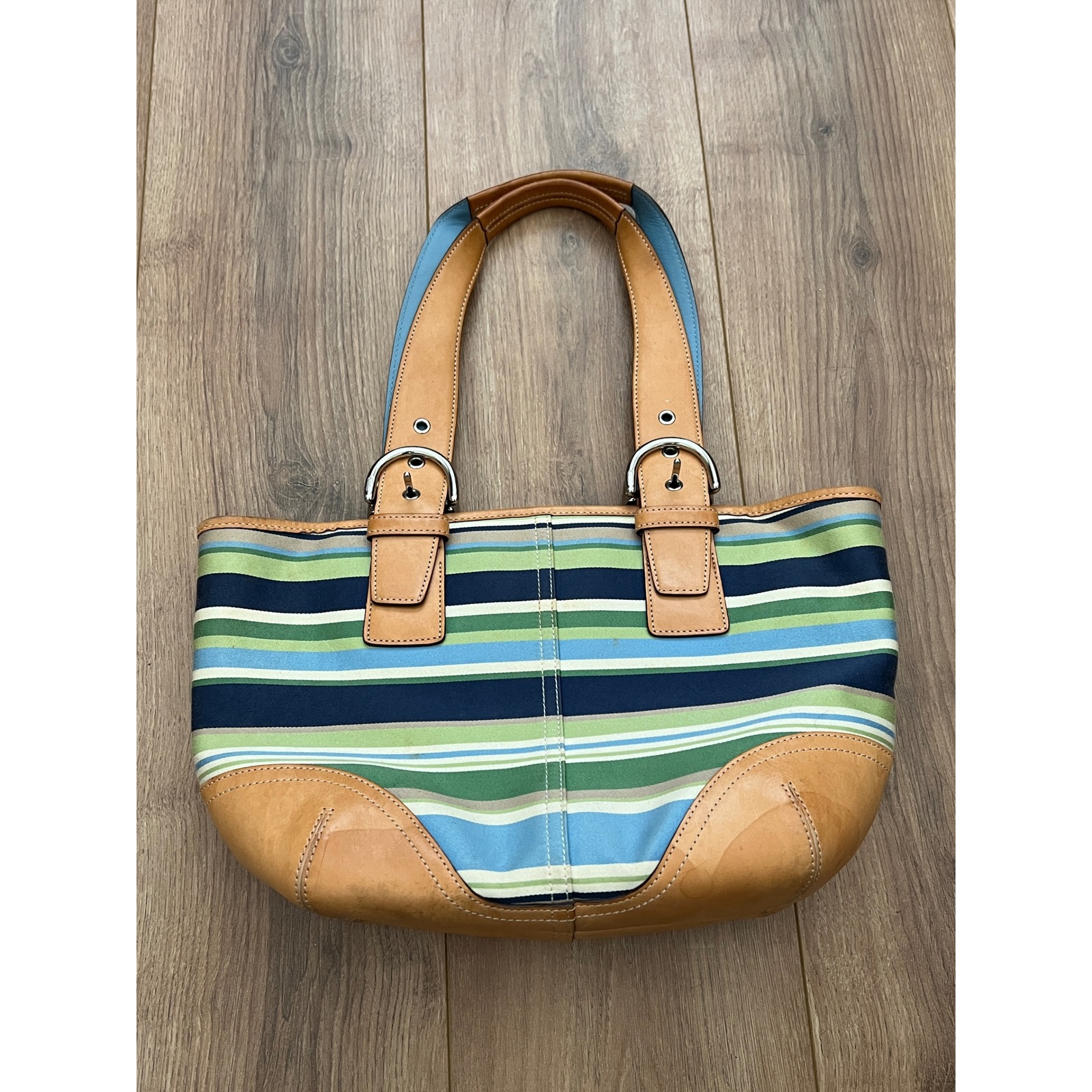 Vintage Coach Medium Size Striped Shoulder Leather Fabric Beach Bag