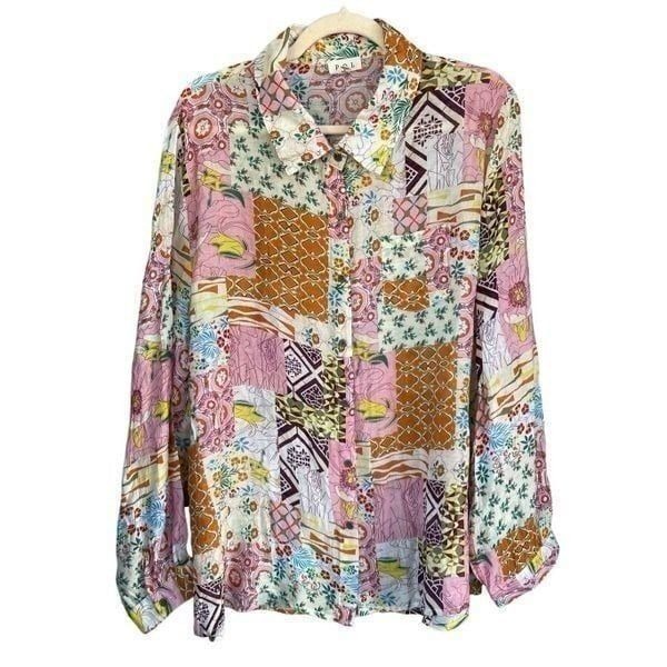 POL Women's Floral Printed Long Sleeve Button Down Shirt Pink Cream Medium