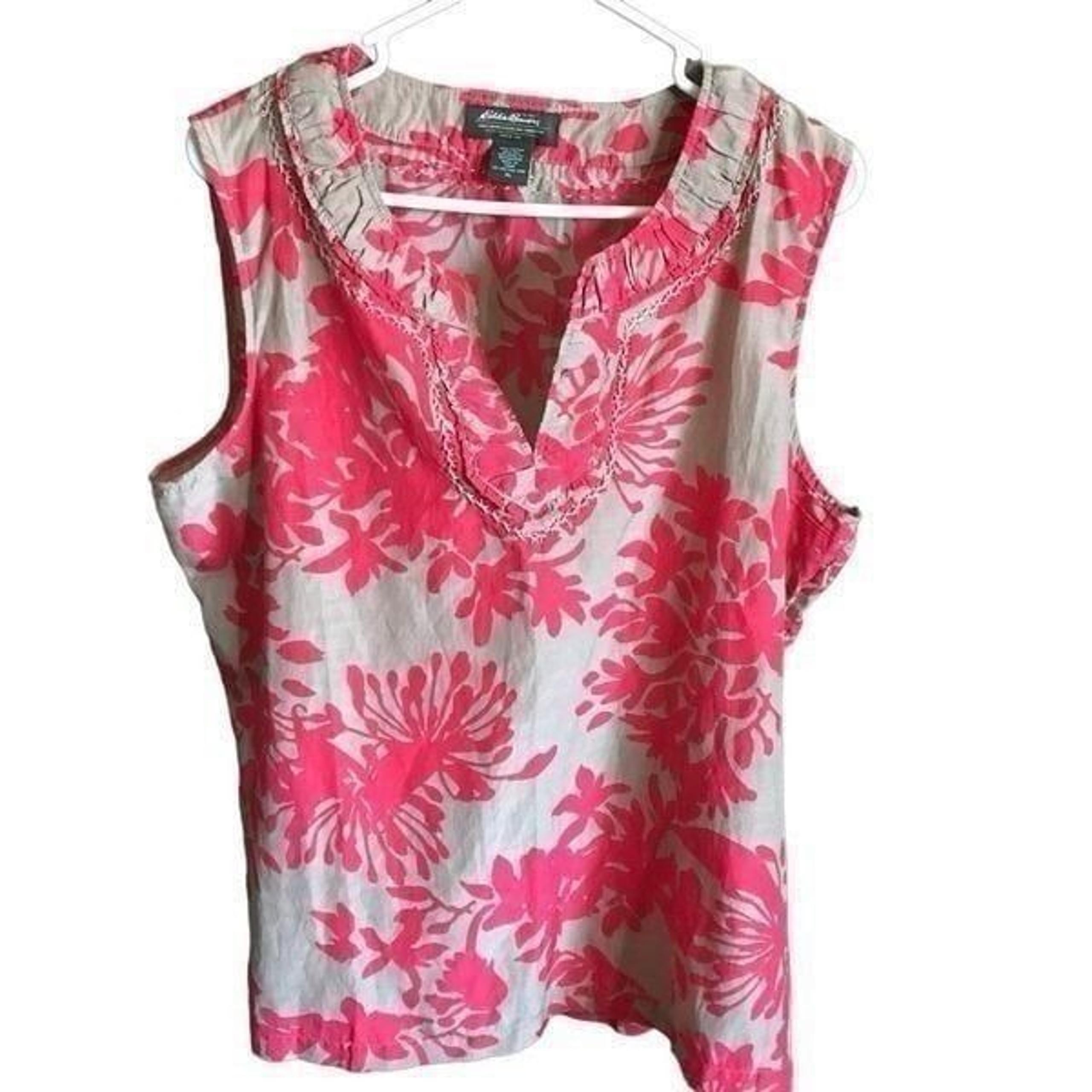 Eddie Bauer Silk blend blouse Top Sleeveless tan red stitching SZ XL