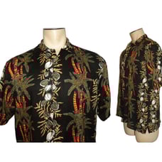 90s Rayon Hawaiian Shirt | Palm Trees and Coconuts on Black | Chest 47