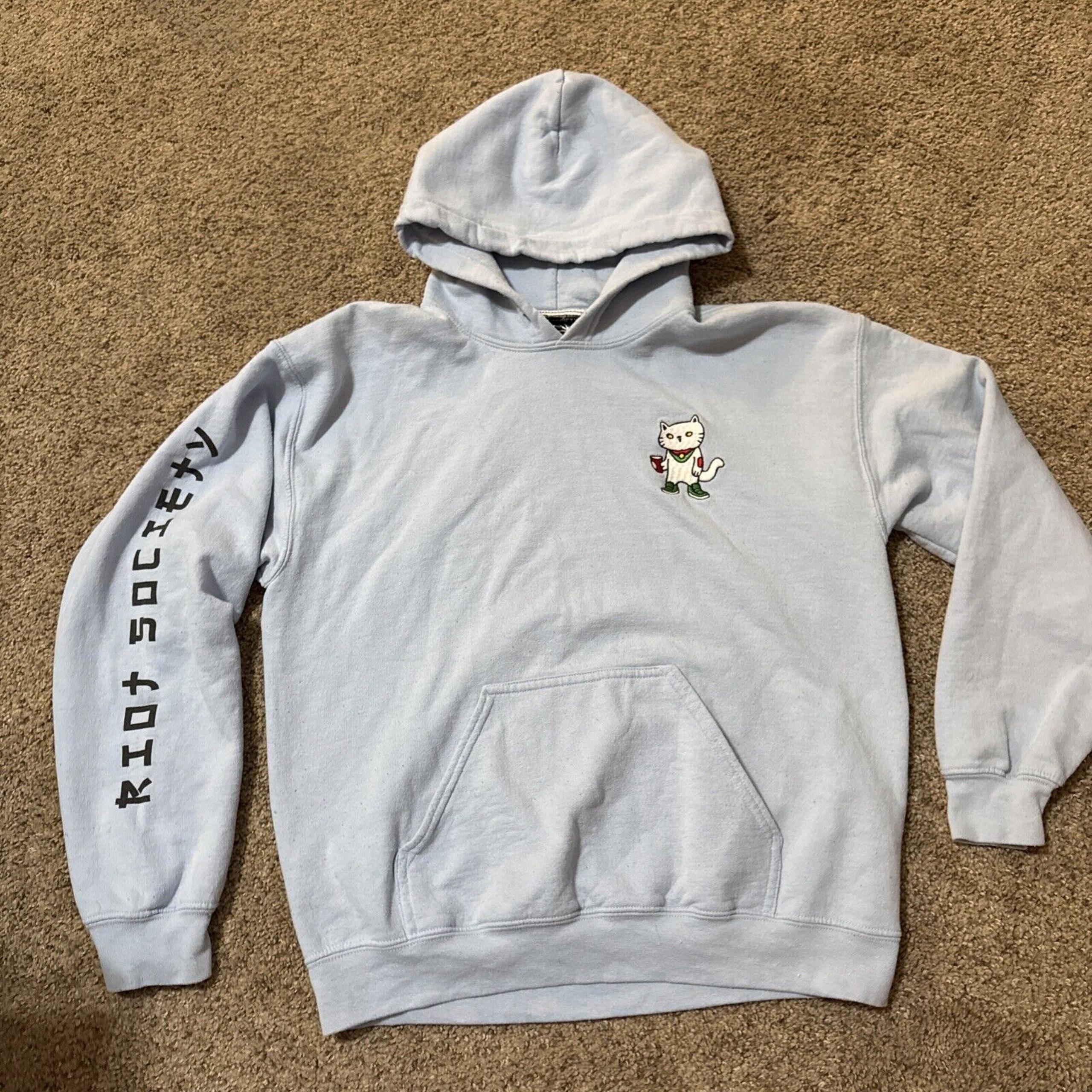 Riot Society Hoodie Sweatshirt Mens Medium Blue Sugee Cat Pullover Heavyweight