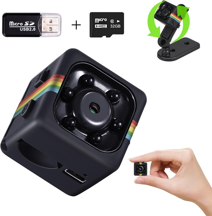 Mini Camera 32GB Memory Card,1080P Night Vision, Motion Detection, Loop Storage