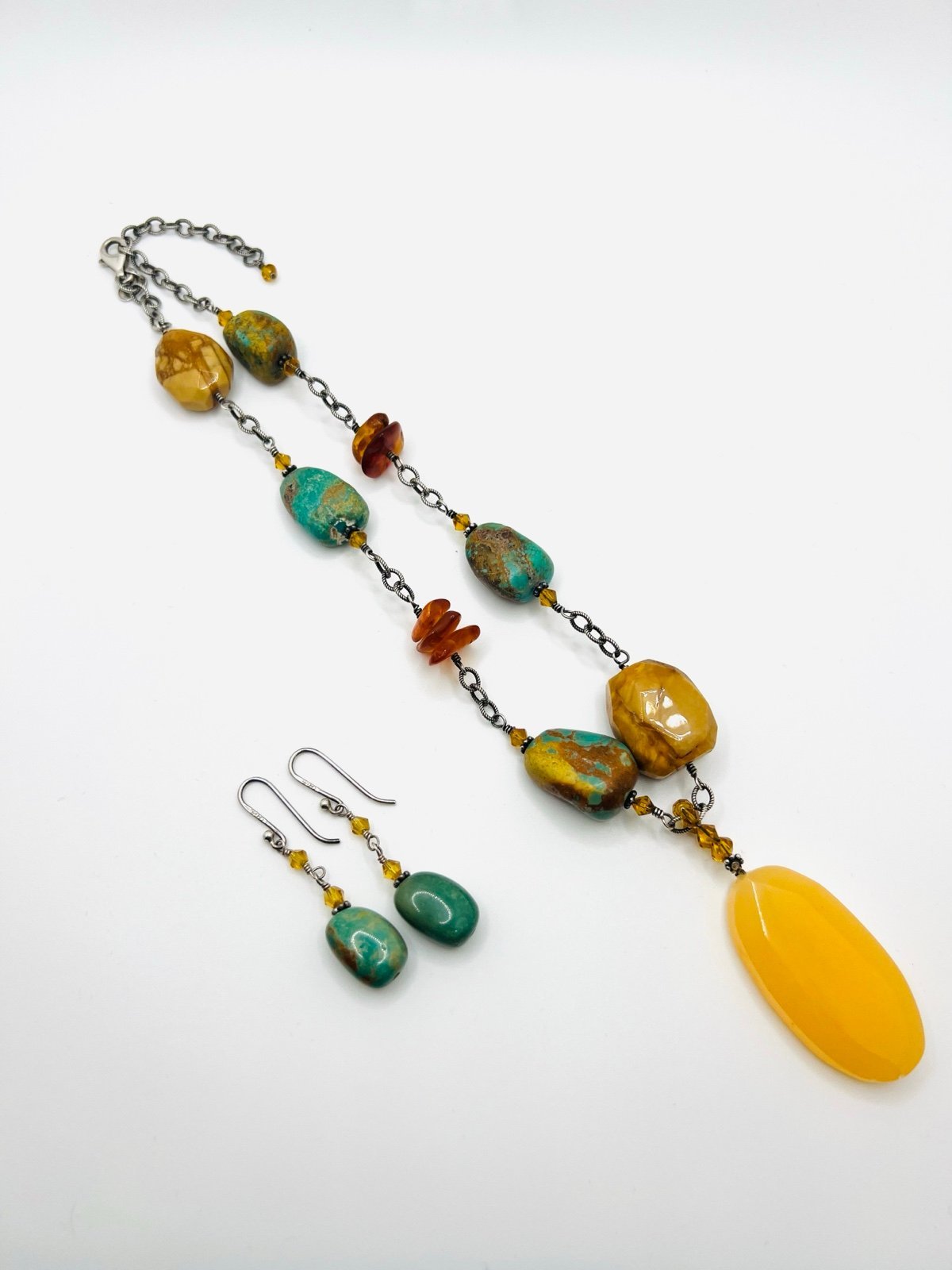 Silpada 925 Yellow Jade, Amber, Jasper, Crystal Necklace N1296 & Earrings W1290