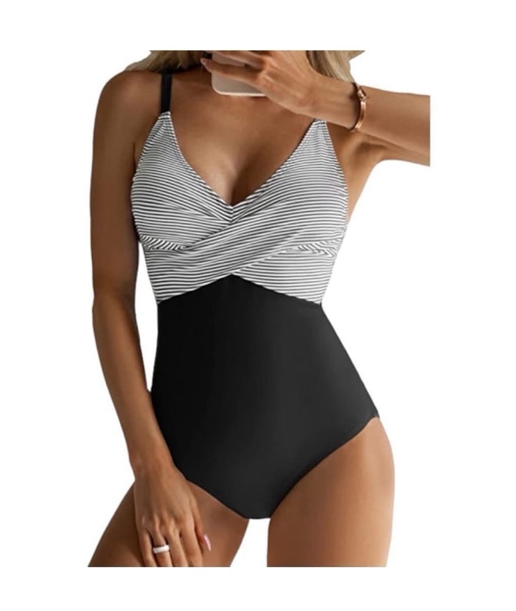 B2PRITY Tummy Control Swimsuit in Black and White Stripe Size Small