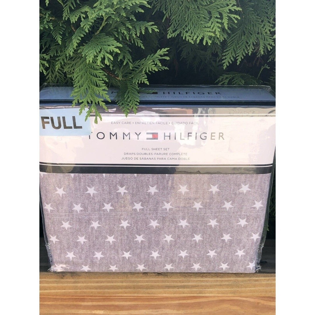 New TOMMY HILFIGER high quality 4pc Full Sheet Set Gray with White Stars Easy Care