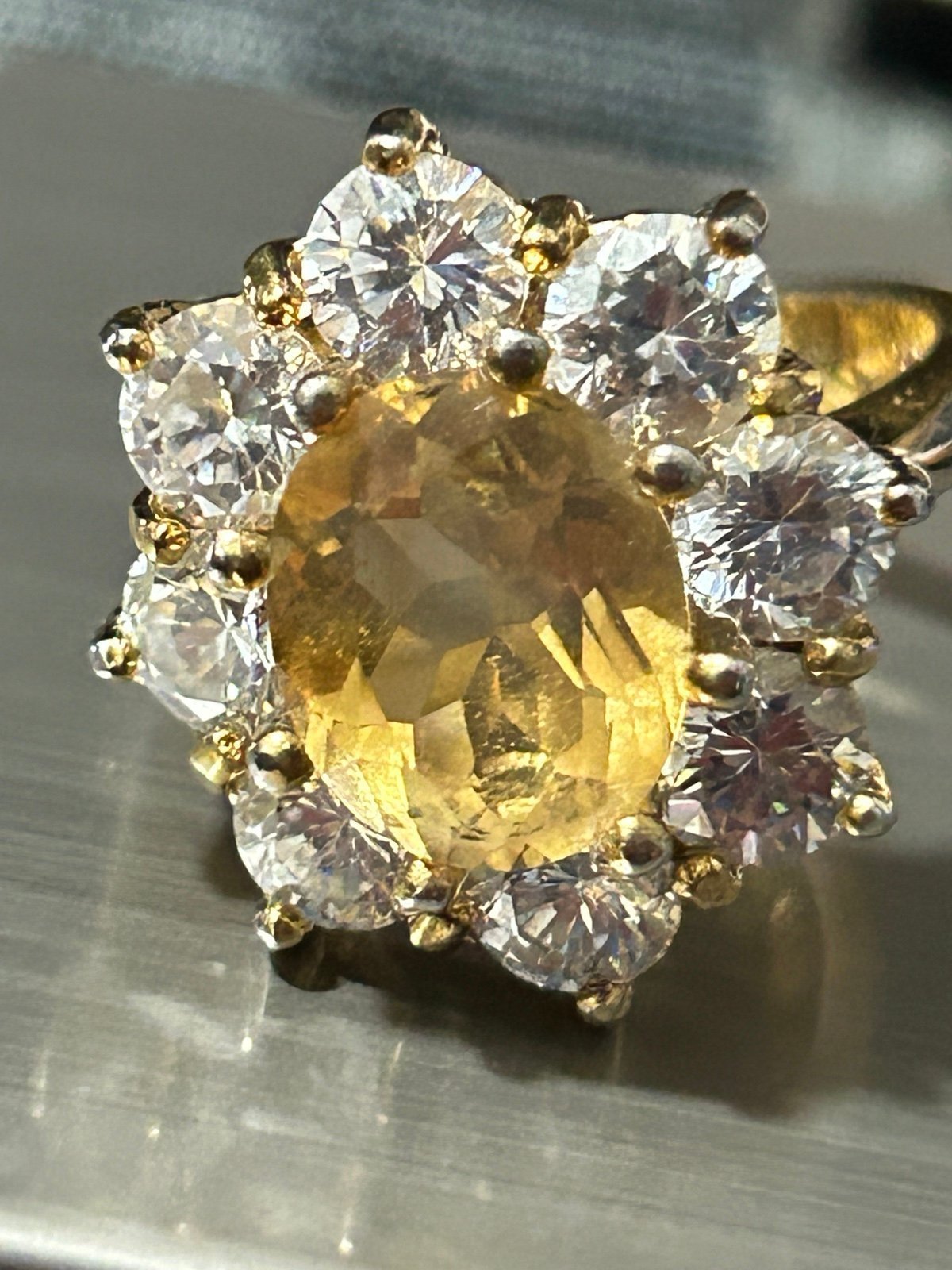 Oval citrine clear Crystals flower shaped 18k gold plated 925 sterling ring