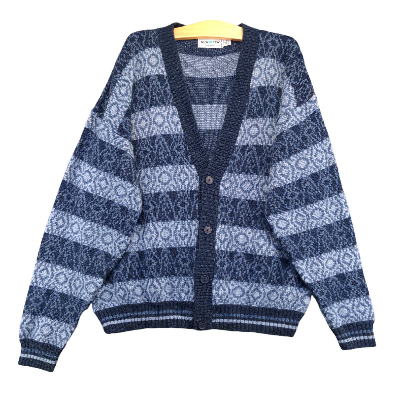 New Era Men's Cardigan Sweater Blue XL Striped Geometric Acrylic Vintage Made US