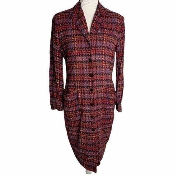 Vintage Anne Crimmons Wool Midi Shirt Jacket Dress 12 Red Chevron Pockets