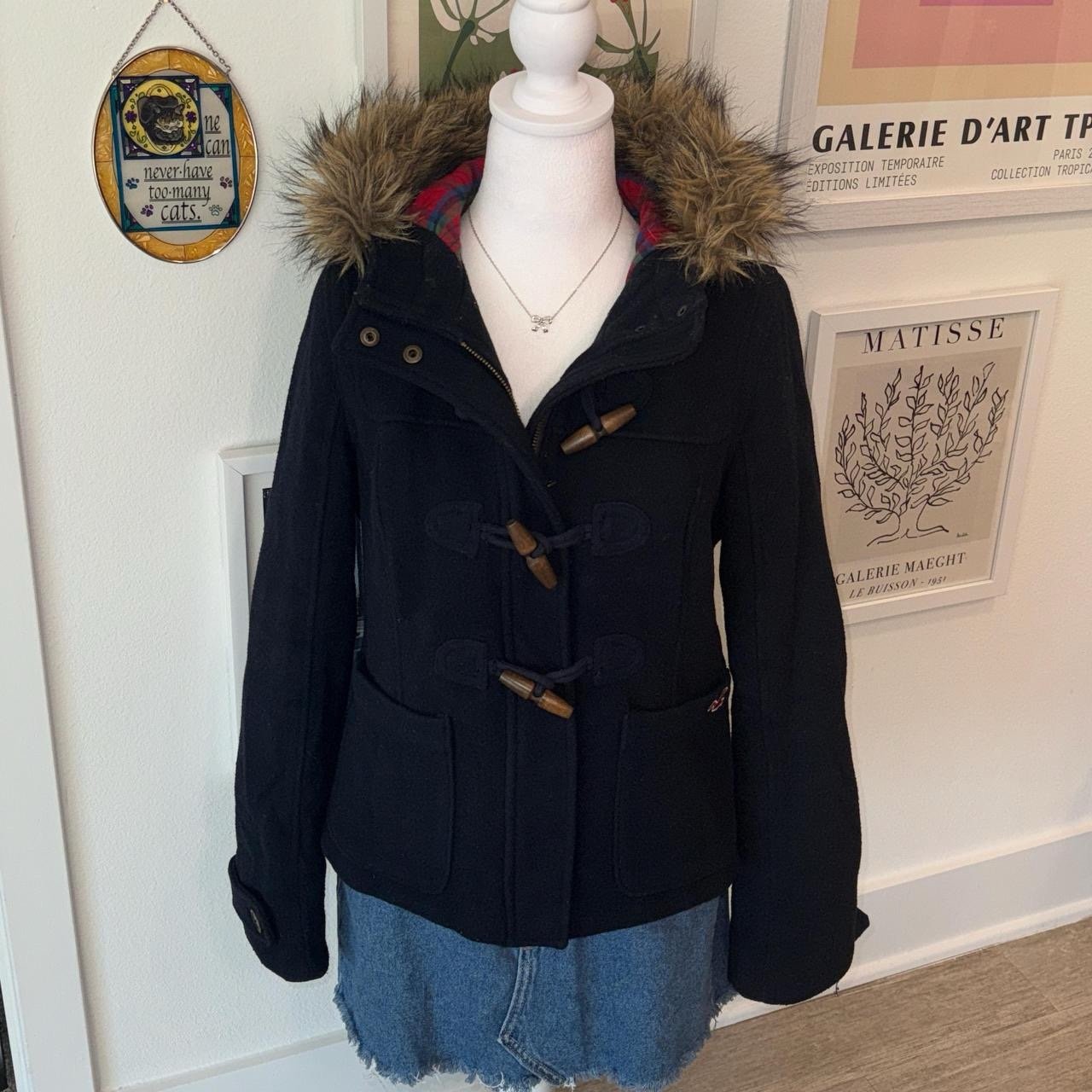 Y2k Hollister Navy Wool Faux Fur Hoodie Jacket