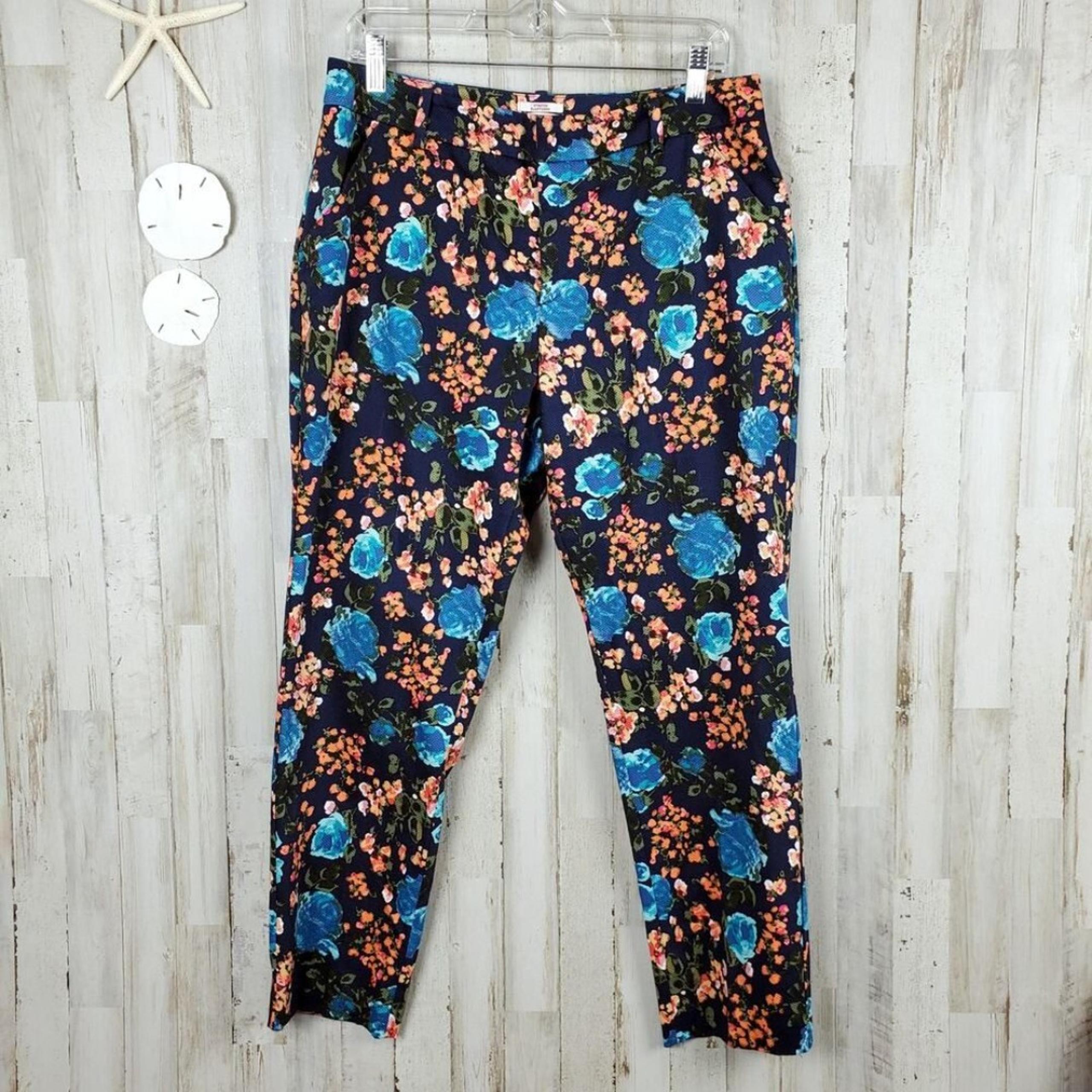 Merona Stretch Curvy Fit Ankle Pants Blue Floral Size 10