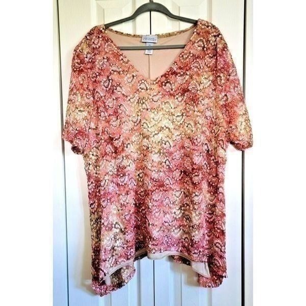 MAGGIE BARNES Women's S/S Blouse 2X 22/24W/Lace Overlay Pink & Tan Lined