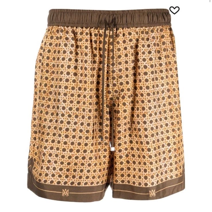 Amiri Weave Pattern Silk Shorts Drawstring Gold Brown