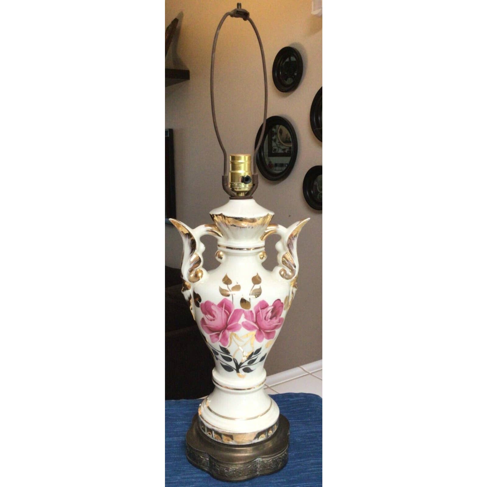 Vtg Antique Porcelain Table Lamp Urn Floral Gold Hand Painted Roses ~843A