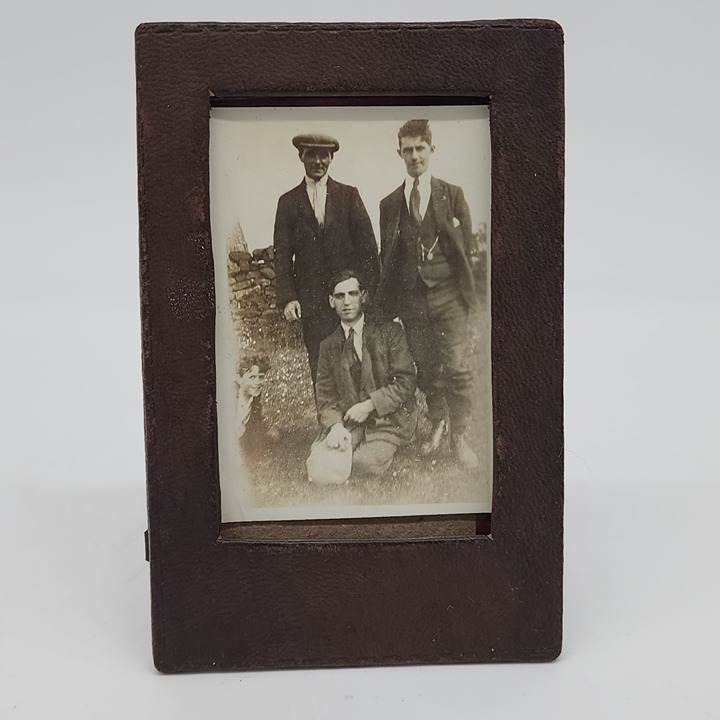 Antique Faux Leather Photo Frame with Velox Black and White Portrait Men Boy