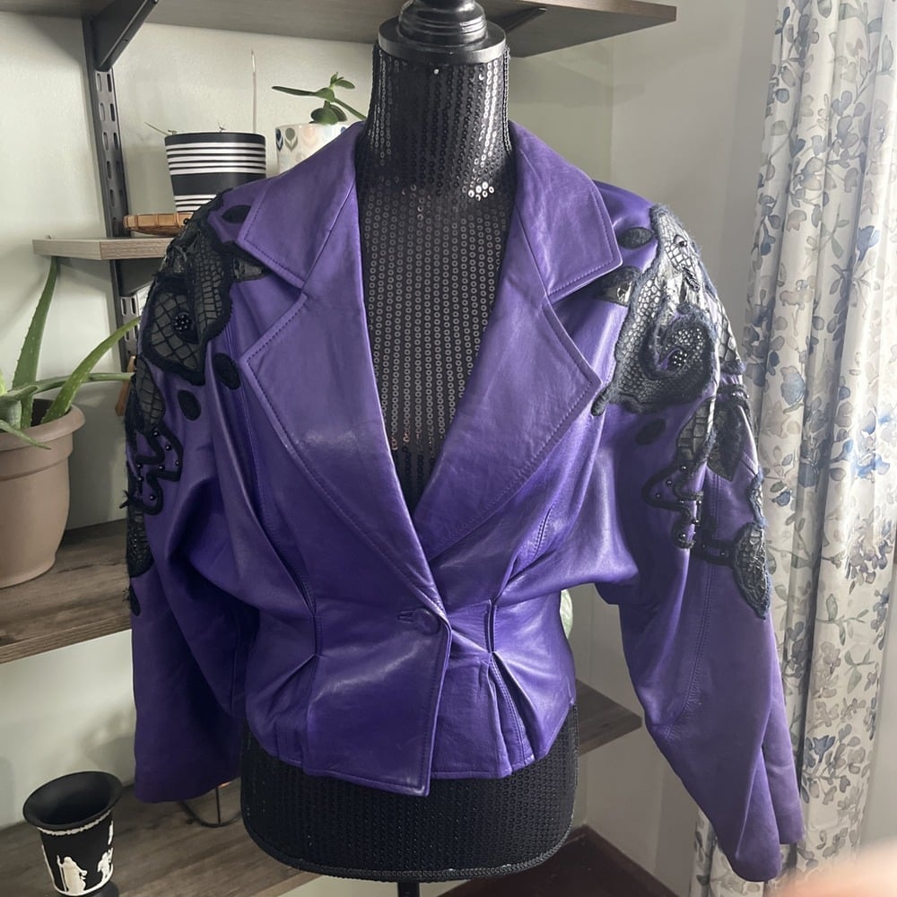 Erez VTG small Purple Leather Jacket Embroidered Beaded Embellished 1 Button