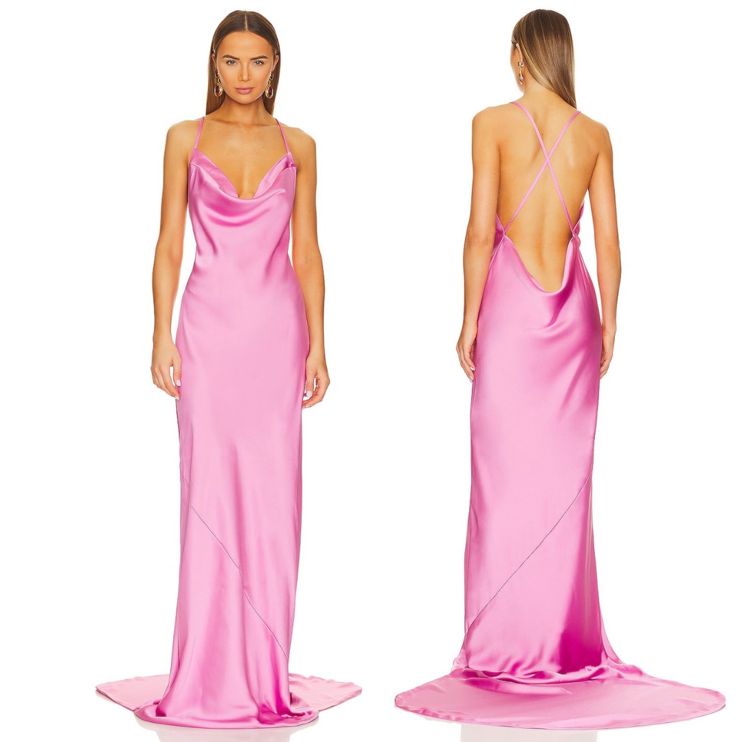Norma Kamali Cross Back Bias Gown Satin Cowl Neck Formal Gala Candy Pink Size M