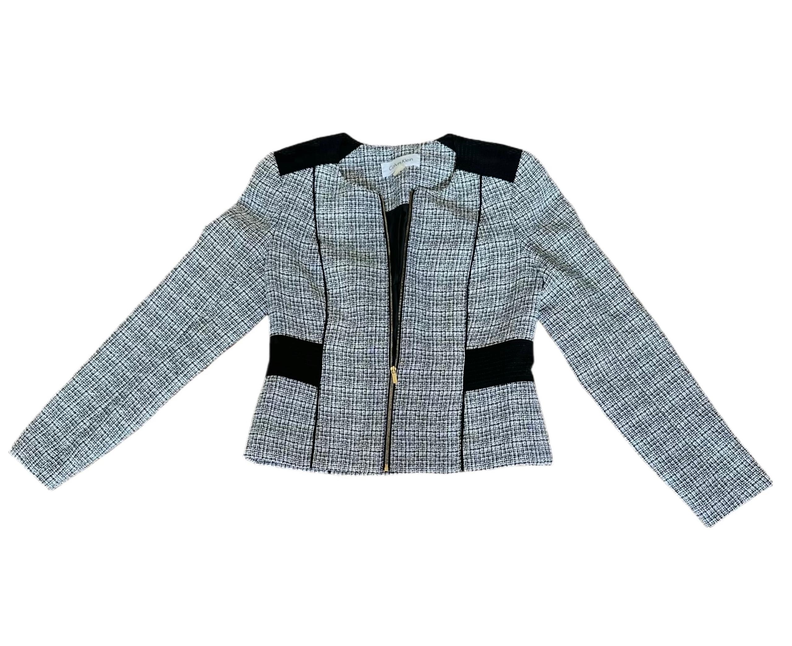 Calvin Klein Modern Tweed Check Blazer – Black/White, Gold Zip, Size small 6P