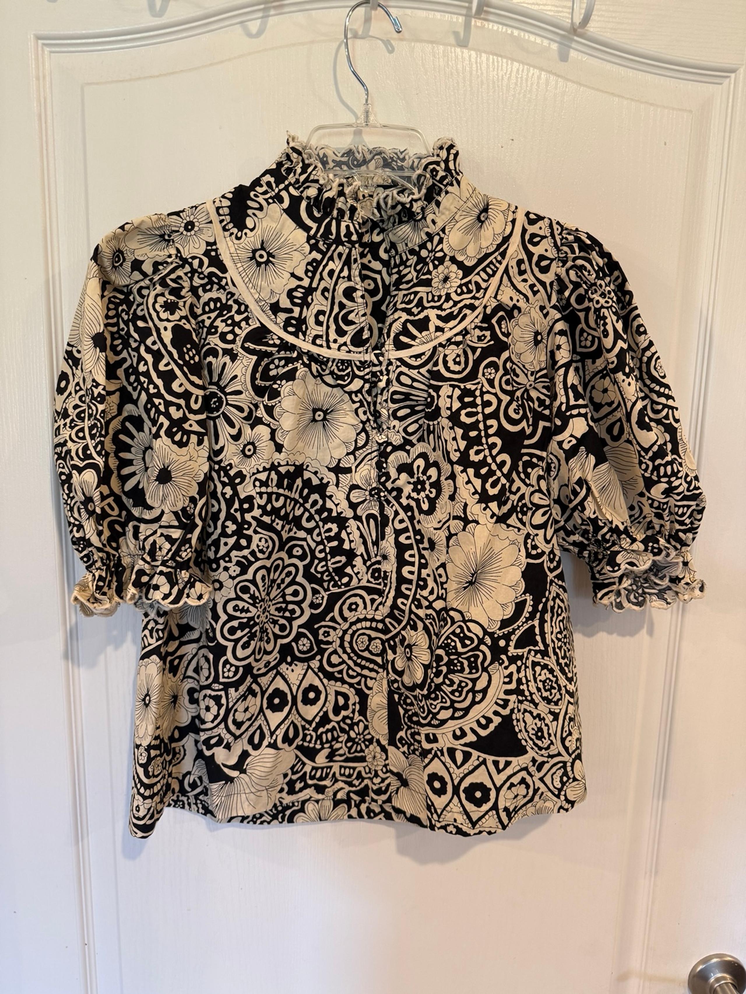 Umgee women’s tan black floral puff sleeve mock neck cotton blouse size small