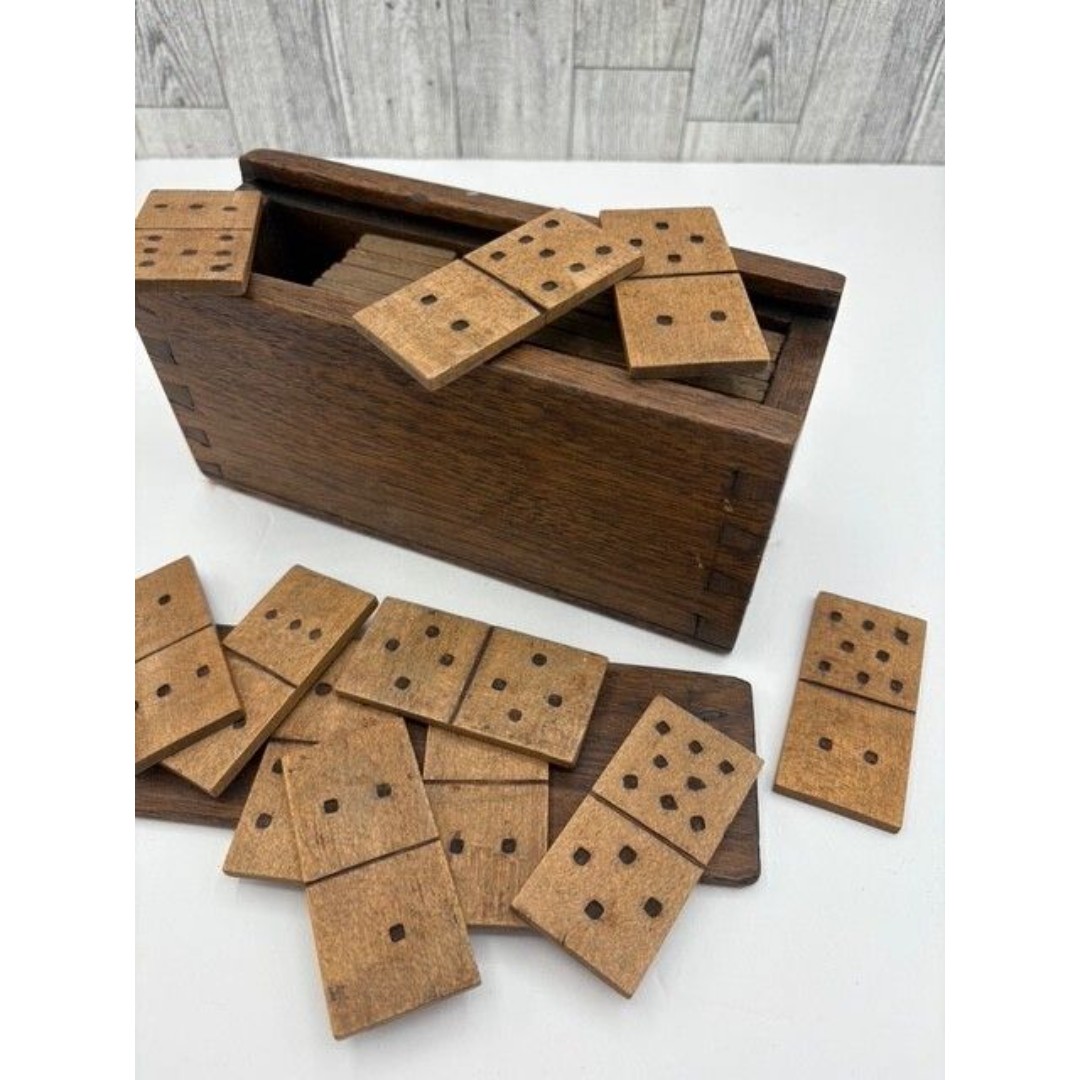 HANDMADE Vintage Set of Dominoes in Wooden Box