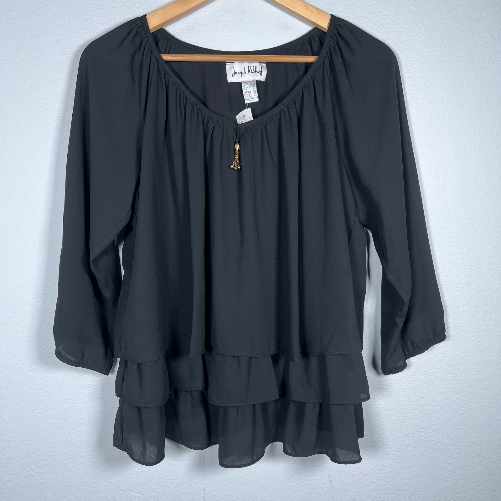 Joseph Ribkoff Womens Layered Top Size 10 Black Ruffled Tassel Flowy Blouse