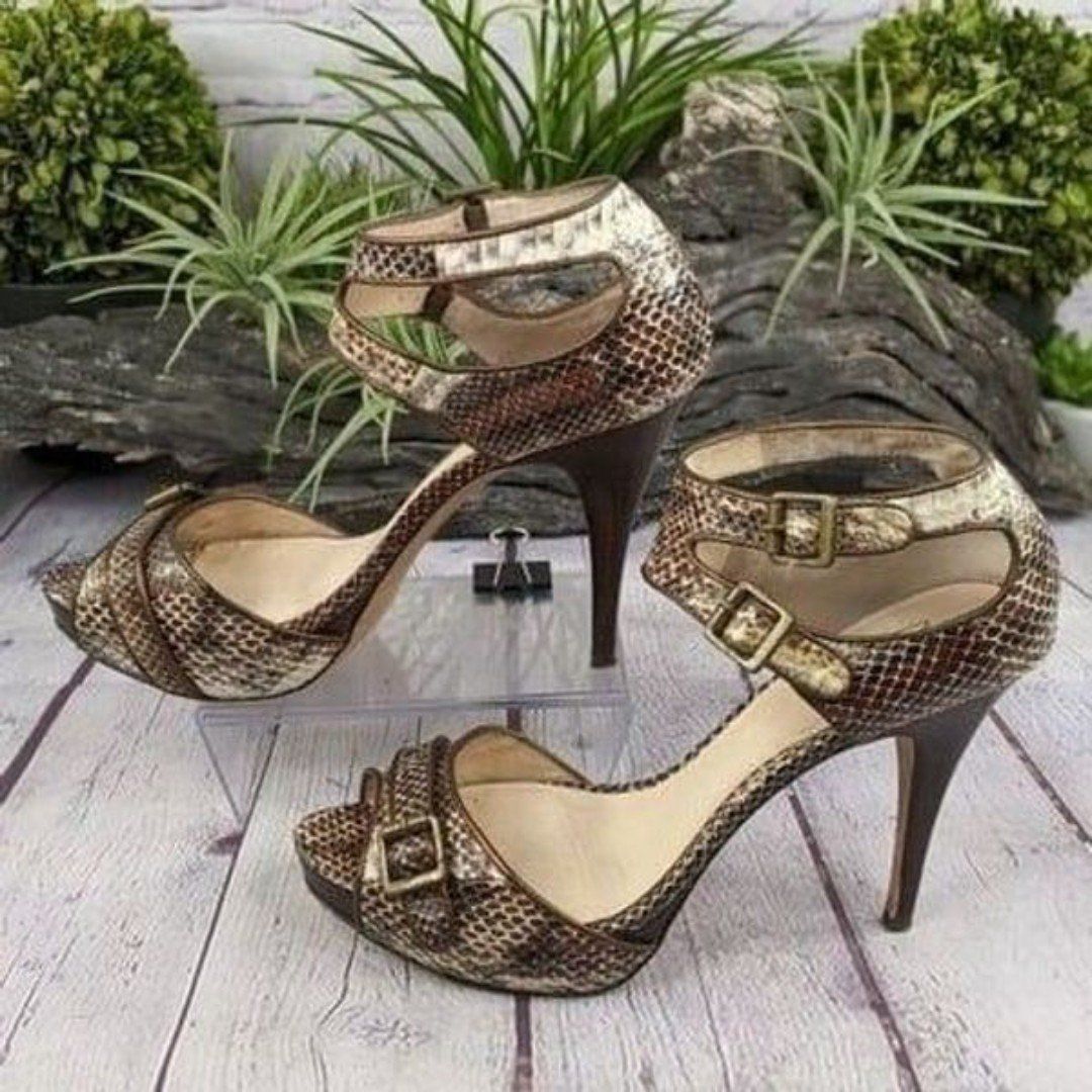 Pelle Moda Vicious Brown Multi Snake / Metallic Kid Ankle Strap Sandal Heels