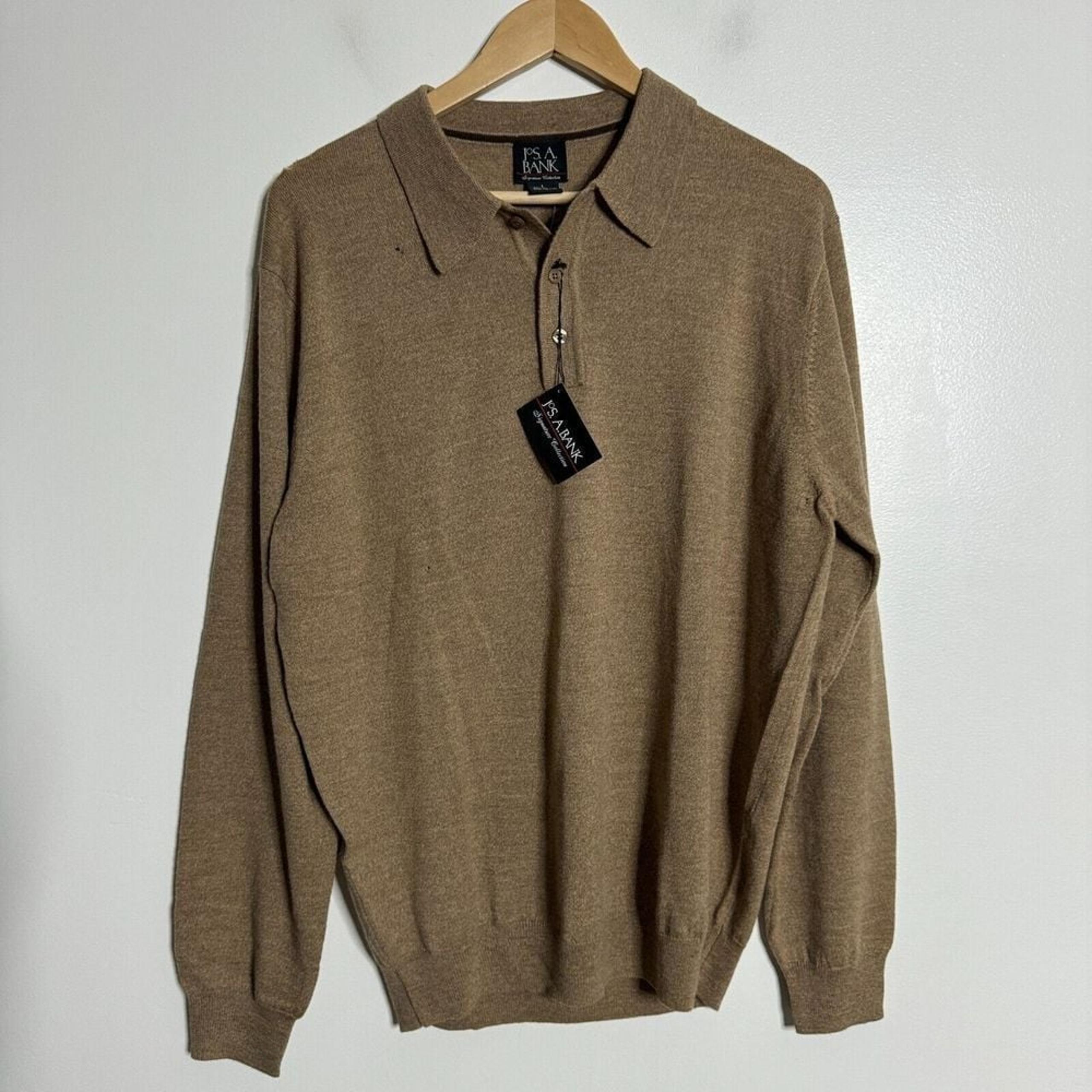 Jos A Bank Sweater Mens L 1/4 Zip 100% Merino Wool Brown