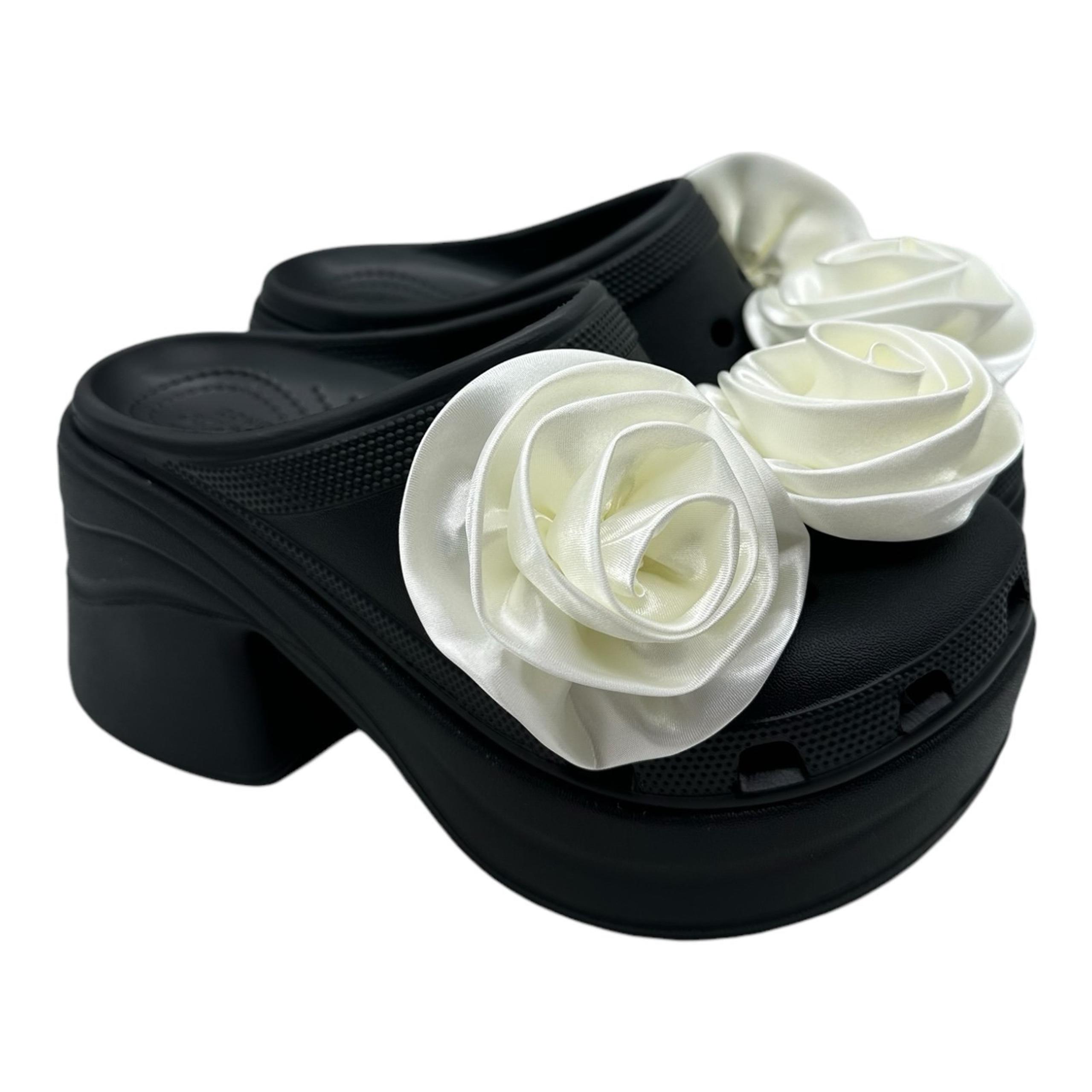 Crocs Siren Rosette Clog Women’s Size 8 Black White Flower Heels 210367-001 NWT