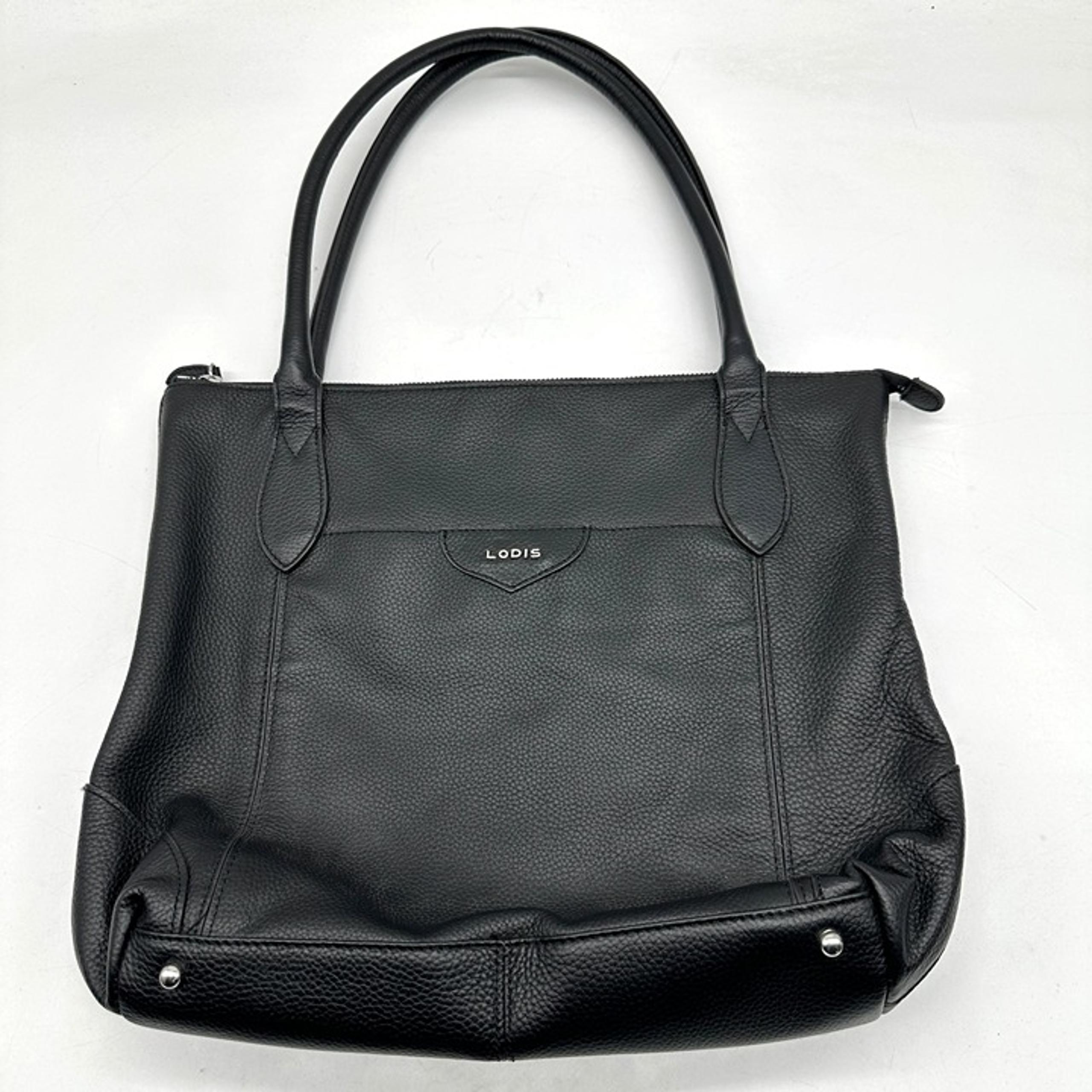 LODIS Tote Shoulder Bag Womens Pebble Black Leather Double Strap Zip Size Pocket