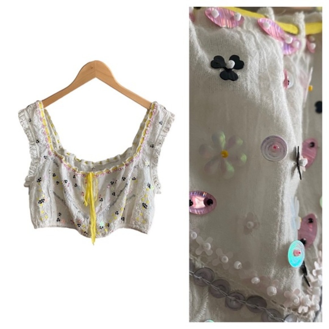 Free People Intimately Ivory Yellow Pink Jewel Sequins Festival Hippie Crop Top
