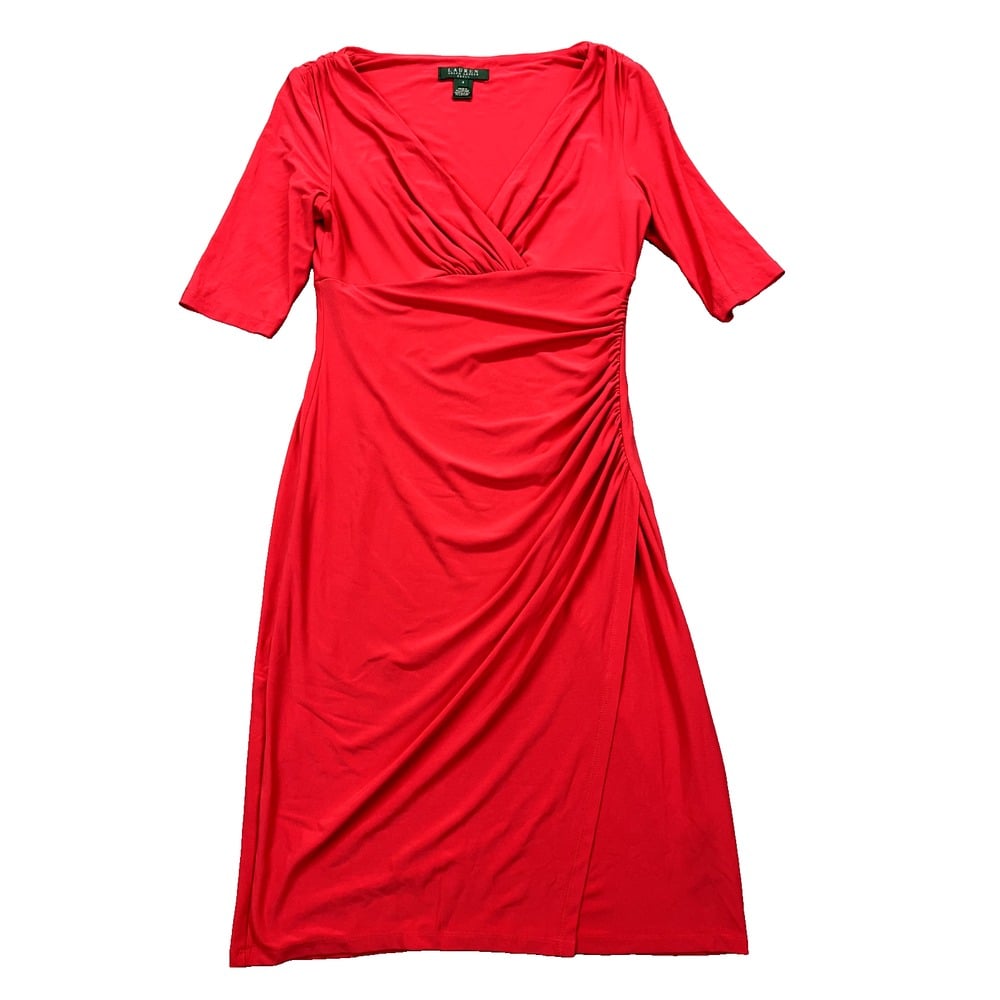 Lauren Ralph Lauren Coral Dress Womens Sz 4 V-Neck Side Rouching Cottagecore Red