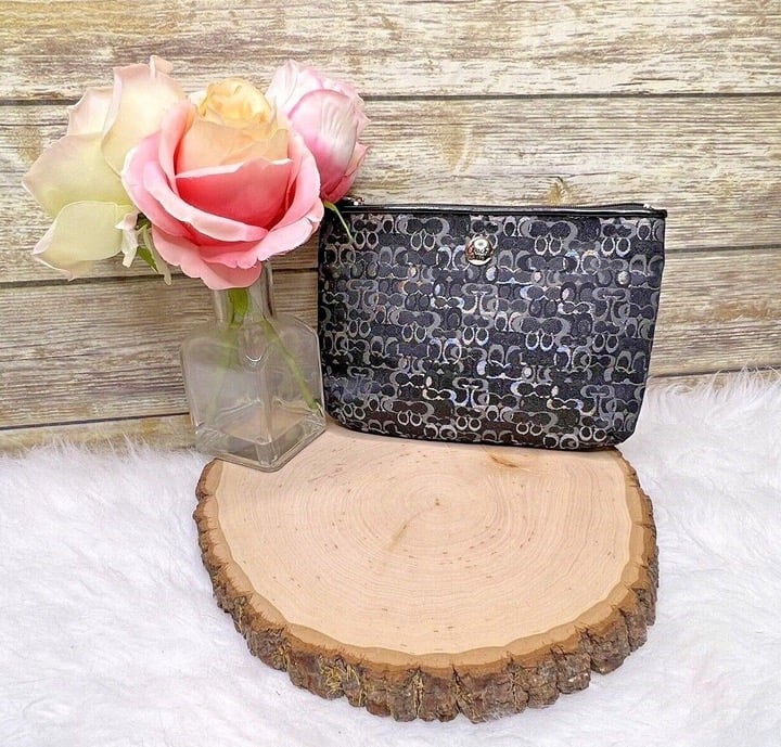 COACH Black Optic Silver Gray Metallic Embroidered Black Purse Clutch Pouch Bag